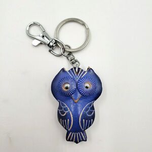 Mini Blue OWL Keychain Handmade Leather 3D Kawaii Accessory Bag Charm Keyring